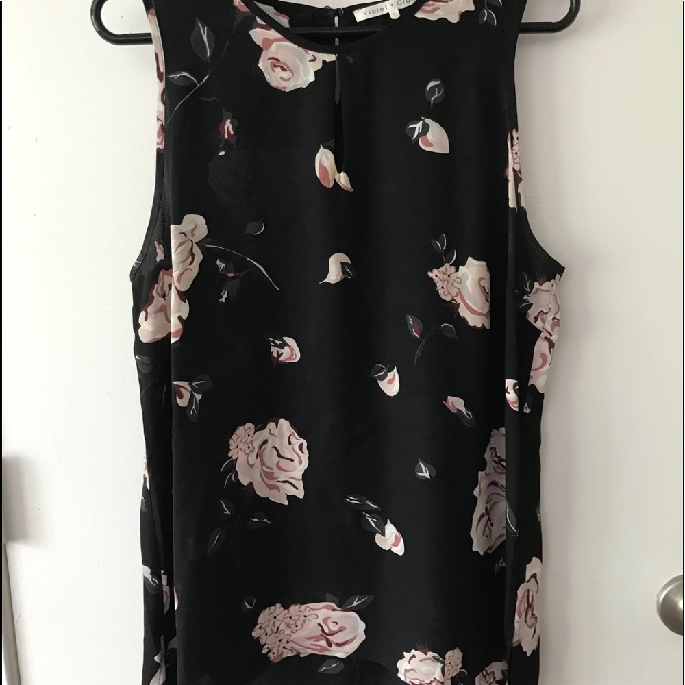 Black with white/pink floral sleeveless blouse